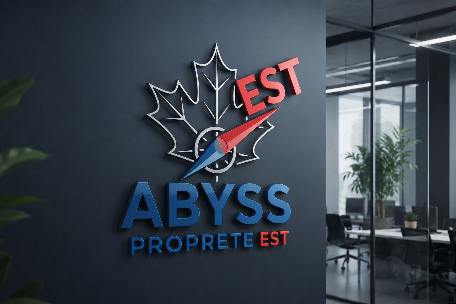 Logo ABYSS PROPRETÉ EST : feuille, boussole et couleurs bleu blanc rouge
